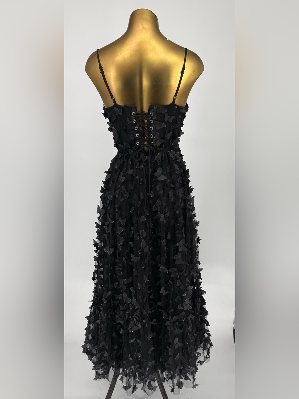 Betsey Johnson Black Butterfly-Appliqué Spaghetti Strap Maxi Dress Size Medium - Picture 2 of 9